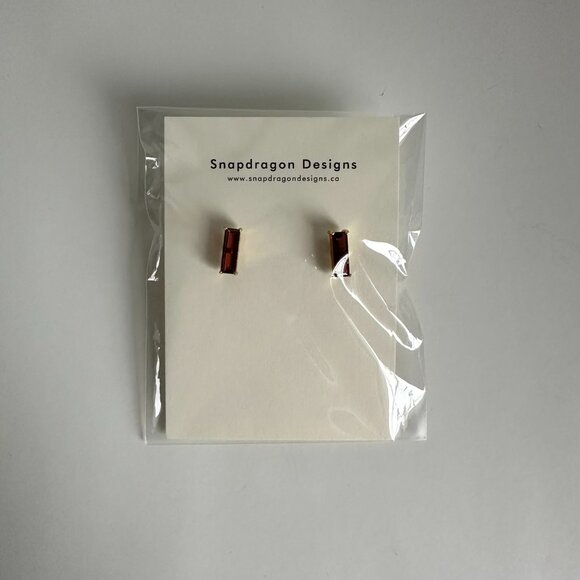 Gold Bar Stud Earrings with Brown Gemstone - Picture 2 of 7